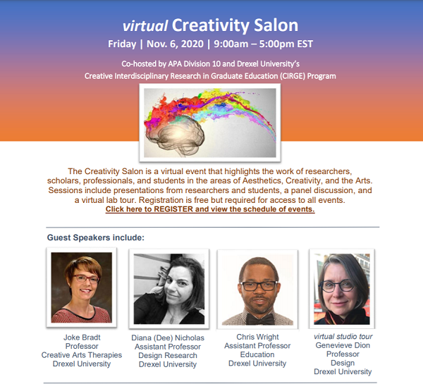 Flyer for virtual Creativity Salon featuring Joke Bradt, PhD.